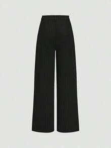 Pantalones rectos de cintura alta y pierna ancha con rayas, de moda casual para mujer en primavera - Negro - Ver 2