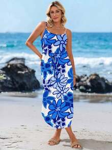 Vestido midi sin mangas con efecto tie-dye, con cintura ajustable y abertura, para el verano - Azul - Ver 3