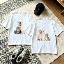 2-Piece Couple Matching Pattern T-Shirt, 100% Cotton, Loose Fit, Soft And Breathable, Casual Round Neck Short Sleeved Top Cruise Ship Family Trip 2024 Sea Adventure Boat Voyage 2028 Versatile Patterns No Picky Combinations Coordinated Dating Casual Travel Simple And Cartoonish Printing Styles High - 白色 - 查看 1