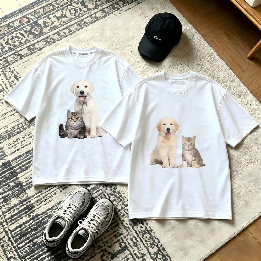 2-Piece Couple Matching Pattern T-Shirt, 100% Cotton, Loose Fit, Soft And Breathable, Casual Round Neck Short Sleeved Top Cruise Ship Family Trip 2024 Sea Adventure Boat Voyage 2028 Versatile Patterns No Picky Combinations Coordinated Dating Casual Travel Simple And Cartoonish Printing Styles High - 白色 - 查看 1