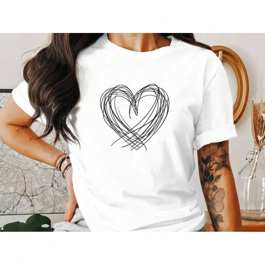 Camiseta Minimalista con Gráfico de Corazón: Arte en Boceto Blanco y Negro - alta calidad - Blanco - Ver 1