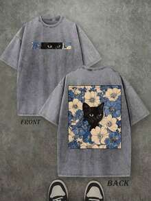 Retro Washed T-Shirt With Double-Sided Print (230g Pure Cotton T-Shirt) 'Cat In The Flowers', Cat And Flower Print, Men's T-Shirt, Casual, Comfortable, Fashionable, Urban Cotton Style (Retro Style, Unisex) - 灰色 - 查看 7