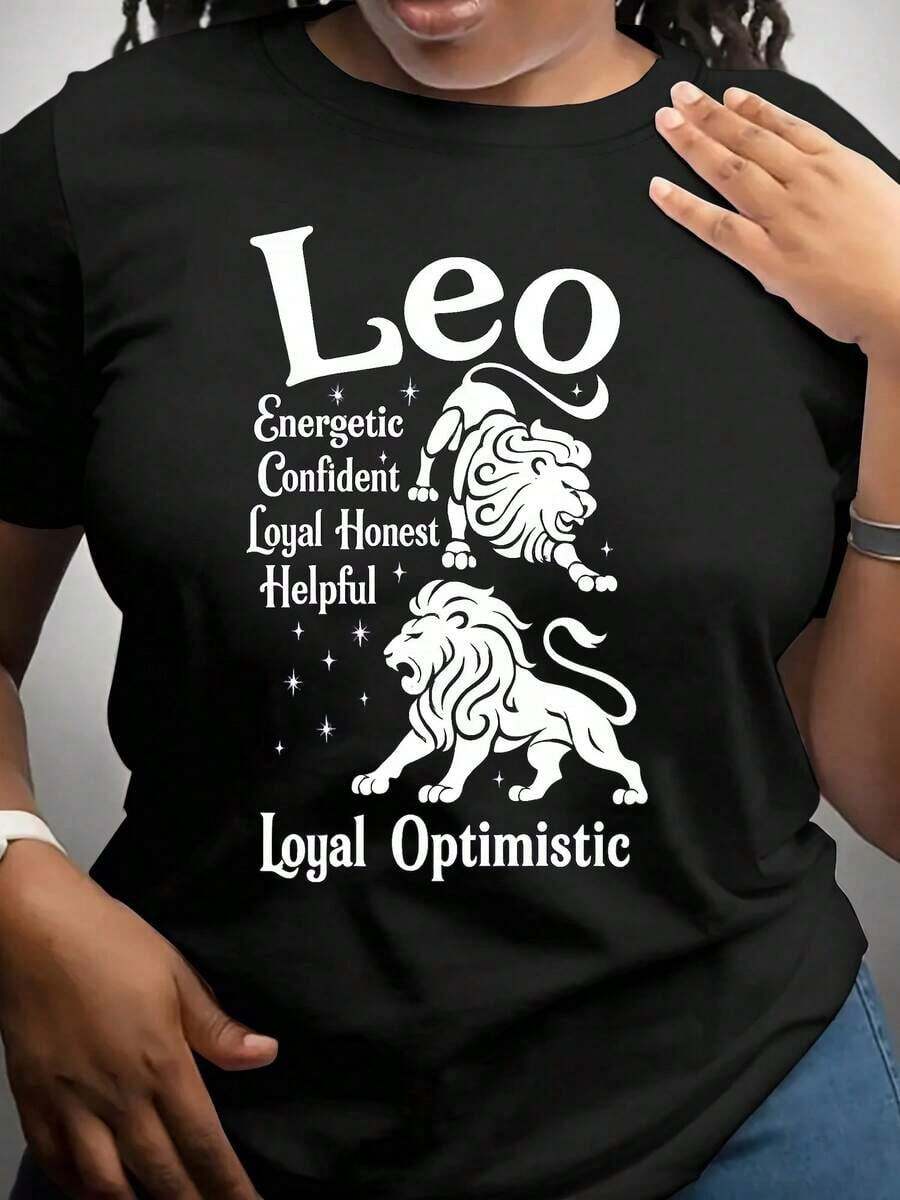Camiseta Casual para Mujer con Gráfico del Zodíaco Leo - Estampado de León y Estrellas, Manga Corta, Cuello Redondo, Tejido Transpirable de Elasticidad Media, Lavable, para Primavera, Verano y Otoño, Moda de Temporada, Motivo Animal, Ajuste Cómodo, Camiseta Estampada, Camisetas con Gráficos del Zodíaco, Camisetas con Gráficos Occidentales, Ropa para Hombre, Camisas para Hombre, Camisetas Gráficas, Ropa de Mujer, Tops de Verano, Ropa de Verano, Camisetas Gráficas, 100% Algodón, Duradera - Negro - Ver 1
