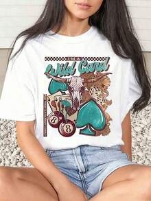 1 Piece Women's T-Shirt With Bull Skull And Playing Card Print, Casual Style For Daily Wear, Round Neck, Short Sleeve, Soft And Comfortable, 220 G/M², 180 G, 100% Cotton - 白色 - 查看 1