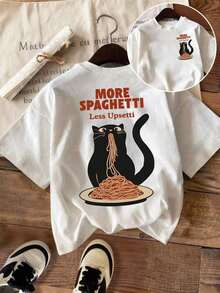 Camiseta Casual Blanca de Talla Grande con Cuello Redondo, Estampada con Gráfico de Gato "Más Pasta, Menos Estrés" para Verano - Blanco - Ver 1