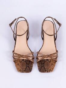 Sandalias de tacón bajo para mujer, punta cuadrada, punta abierta, tacón grueso, sin espalda, con correa, moda versátil para uso casual - piel de serpiente - Ver 3