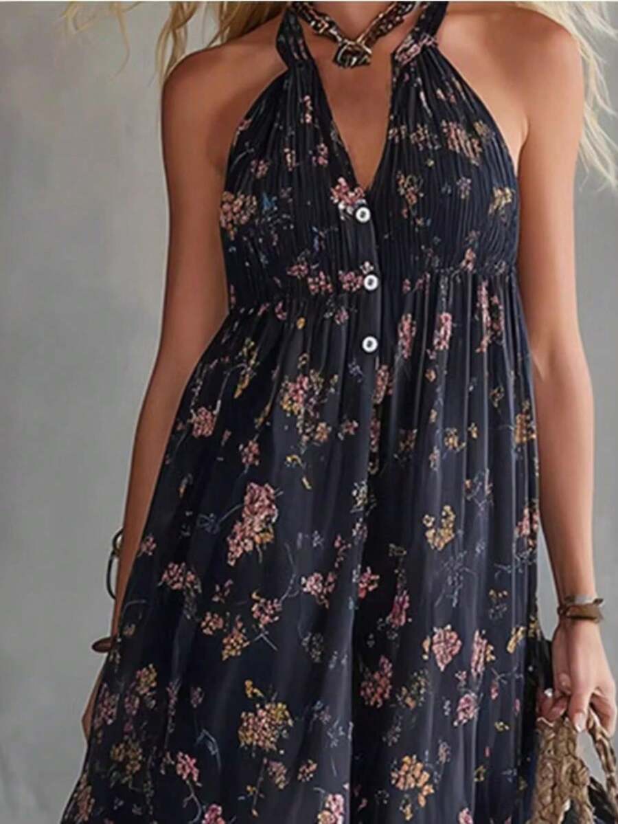 Silueta urbana retro vestido largo sin mangas de chifón estampado con flores negras - Negro - Ver 1