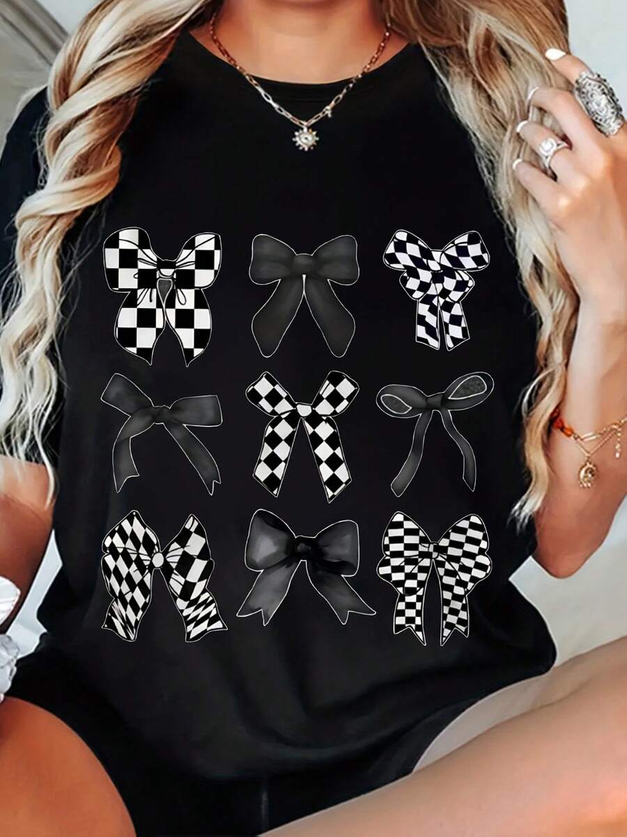 Ropa de mujer de talla grande, camiseta casual con estampado de lazo - manga corta, cuello redondo, telas mixtas, lavable a máquina, top de moda para verano y primavera, camiseta casual de primavera. |   Camiseta de cuello redondo |   Tela de punto elástico - Camisetas de manga corta con cuello redondo de algodón holgado estilo vintage urbano unisex para mujer. blusas.blusas casuales para dama. - Negro - Ver 1
