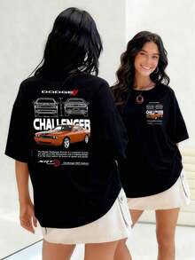Powerful Dodge Challenger Demon Muscle Car With Up To 840 Horsepower. Women's T-Shirt, 100% Cotton, Eye-Catching Design, Ideal For Speed And Power Lovers. Suitable For Spring, Summer And Autumn. - 黑色 - 查看 1
