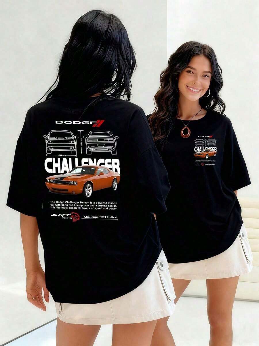 Powerful Dodge Challenger Demon Muscle Car With Up To 840 Horsepower. Women's T-Shirt, 100% Cotton, Eye-Catching Design, Ideal For Speed And Power Lovers. Suitable For Spring, Summer And Autumn. - 黑色 - 查看 1