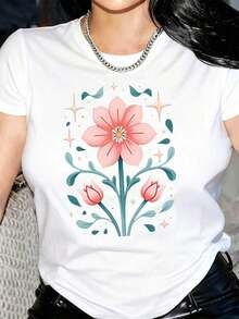 ropa de mujer Camiseta Floral para Mujer - Blusa con Estampado Floral Rosa Suave, Corte Holgado para Uso Diario y Formal, Transpirable para Todas las Temporadas, Ideal para Oficina, Fiesta, Vacaciones - Ropa de Mujer Lavable a Máquina, Camisetas para Damas, Ropa Casual, Camisa con Estampado Geométrico, Top de Textura Suave, Atuendo para Fiesta, Material Ligero, Camiseta de Cuello Redondo, Elegantes Camisas de Mujer - Blanco - Ver 6
