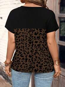 Camiseta de manga corta con cuello en V y estampado floral geométrico de color café oscuro, talla grande, para primavera/otoño - Multicolor 6 - Ver 2
