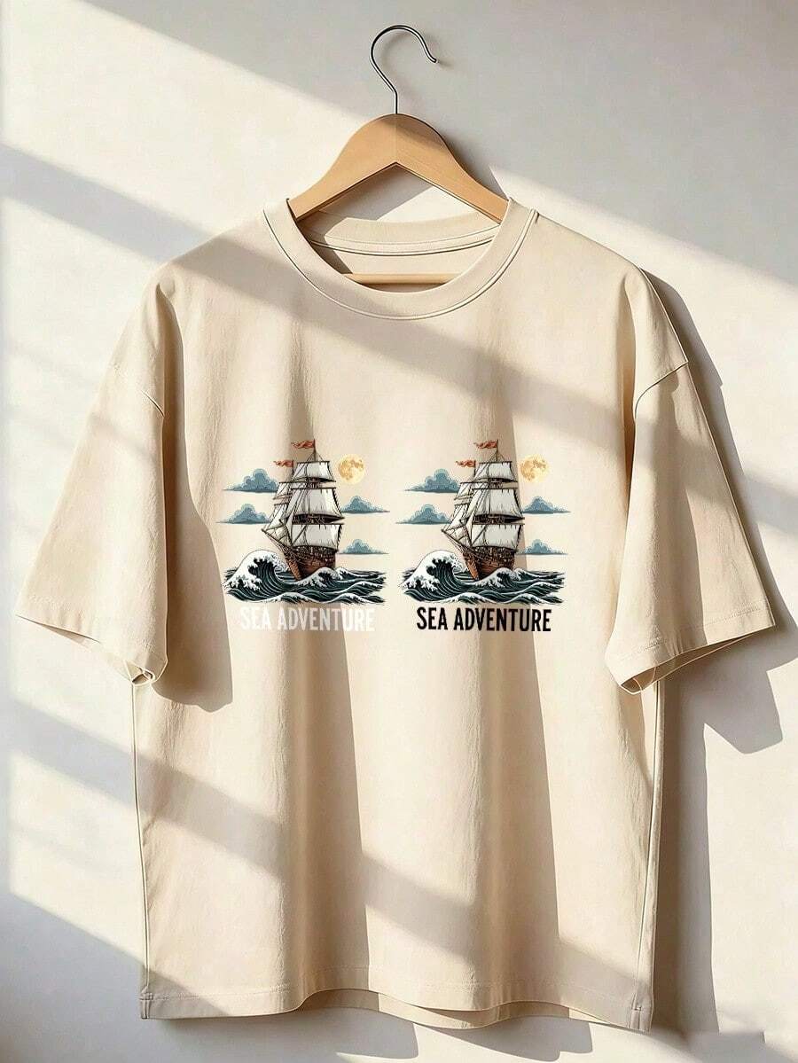 Short-Sleeve T-Shirt With Maritime Adventure Theme, Fashionable Short-Sleeve T-Shirt For Spring And Summer 2026, Made In Mexico, 180 Grams. Cartoon Print, Couple Design, Suitable For Indoor Or Outdoor Wear. Crew Neck, Unisex, Ideal For Office And Leisure. One-Piece Pack. - APR-P631577SLNDXZGY526 - 查看 1