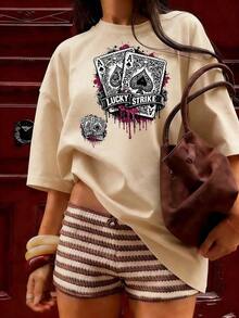 T-Shirt With Ace Of Spades And "LUCKY STRIKE" Text,  Short-Sleeved T-Shirt For Spring And Summer 2026, Made In Mexico, 180 Grams. Cartoon Print, Couple Design, Suitable For Indoor Or Outdoor Wear. Crew Neck, Unisex, Ideal For The Office And Leisure. One-Pack. - APR-P631577SLNDXZGY525 - 查看 4