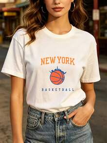 Camiseta casual de moda para uso diario, New York basketball 180G, camiseta de manga corta con cuello redondo para reuniones familiares de verano, estilo americano, ligera y cómoda, camiseta para mujer, excelente regalo para actividades de team building. - Blanco - Ver 1