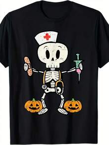 Women's Gothic Nurse And Mummy T-Shirt - 100% Loose Fit Short Sleeve Crew Neck, All-Day Comfort For Halloween, Theme Parties, And Casual Wear - Machine Washable Icons (Stethoscope, Syringe, Bandage) - Fun Humor Clothing With Playful Skeleton Nurse Design, Durable Fabric For Year-Round Wear, Ideal For Nurses And Fans - 黑色 - 查看 1