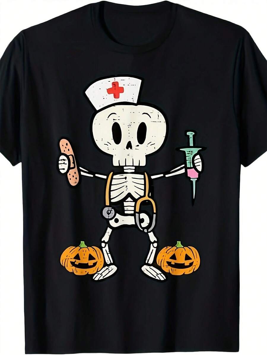 Women's Gothic Nurse And Mummy T-Shirt - 100% Loose Fit Short Sleeve Crew Neck, All-Day Comfort For Halloween, Theme Parties, And Casual Wear - Machine Washable Icons (Stethoscope, Syringe, Bandage) - Fun Humor Clothing With Playful Skeleton Nurse Design, Durable Fabric For Year-Round Wear, Ideal For Nurses And Fans - 黑色 - 查看 1