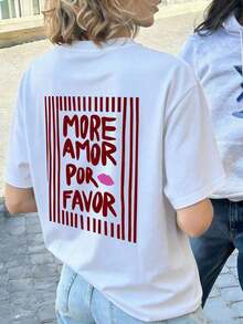 1 Women's Summer T-Shirt, Loose Fit, Round Neck, Short Sleeve, Striped Print With The Phrase "MORE LOVE PLEASE", Suitable For Parties, Holidays, Office, Daily Wear, Dates, Meetings, Streetwear, A Casual Summer Basic. - 布蘭克 - 查看 5