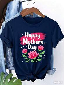 Women's Short-Sleeved T-Shirt With A "Happy Mother's Day" Floral Print, Round Neck, Machine Washable, Soft To The Touch, Breathable, And Suitable For Spring, Summer, And Fall. Warm, Personalized, Casual, Easy To Match, And Perfect For Everyday Wear. Available In Sizes S-XXL. Suitable For Mother's Day Celebrations, Family Outings, And Other Occasions. - 藏蓝色 - 查看 3