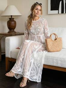 Bohemian Style Floral Lace Sheer Maxi Dress, Long Sleeve Round Neck Beach Resort Pool Party Cover Up - White - View 2