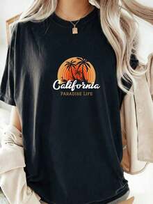 Svart bomulls-t-shirt med trycket "California Paradise Life", cool sommartopp, söt streetwear, europeisk storlek S ~ Modestil, present till födelsedag och högtid. - Svart - Visa 7
