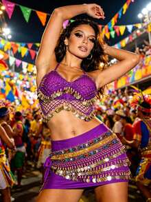 Carnival Festival Coin-Embellished Halter Crop Top With Multi-Layer Coin Hip Wrap For Parade, Rave & Themed Party (Available In Multiple Colors) - Multicolor - View 8