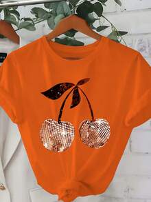 Women's Summer T-Shirt - Sparkling Cherry Design In Emerald Green, Loose Round Neck, Casual Top For Everyday Wear, Suitable For Parties And Outings - Machine Washable, Spring/Summer Style, Comfortable Fabric, Short Sleeve T-Shirt With Modern Print, Soft Texture, Fashionable Summer Clothing, Spring/Summer Garment - 藍色 - 查看 8