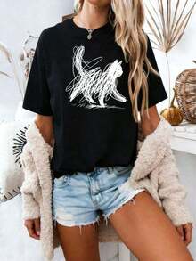 PremiumCamiseta holgada estampada de moda para mujer, Playera con bandera de México para mujer, Camiseta de arte abstracto con diseño de gato vintage, Camiseta minimalista con dibujo de gato, Camiseta de estética moderna, Suéter gráfico artístico para amantes de los gatos, Camisas de mujer, blusa. Ecológico - Negro - Ver 7