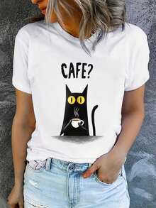 Soft And Cute Black Cat With Coffee "CAFE?" Graphic Print T-Shirt, Women's Casual Cotton Top, Funny Short Sleeve T-Shirt For Cat Lovers For Everyday Wear, Elegant Blouses For Ladies - 白色2 - 查看 1