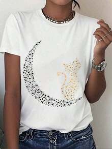 White T-Shirt With Moon And Cat Design, Polka Dot Graphic Print, Women's Casual Summer Top, Fashion Streetwear Style - High Quality - 白色 - 查看 1