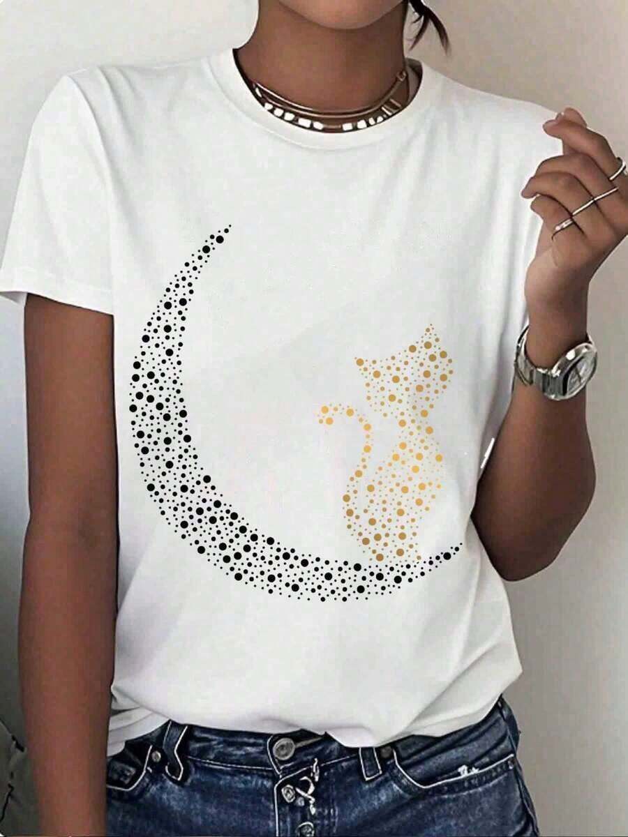 White T-Shirt With Moon And Cat Design, Polka Dot Graphic Print, Women's Casual Summer Top, Fashion Streetwear Style - High Quality - 白色 - 查看 1