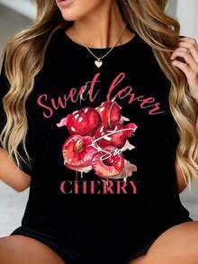 Camiseta Negra para Mujer con Estampado de Cerezas Sweet Lover - Linda Camiseta Casual de Verano con Diseño de Cerezas para Uso Diario, Día de San Valentín o Atuendo para una Cita Nocturna - Negro - Ver 6