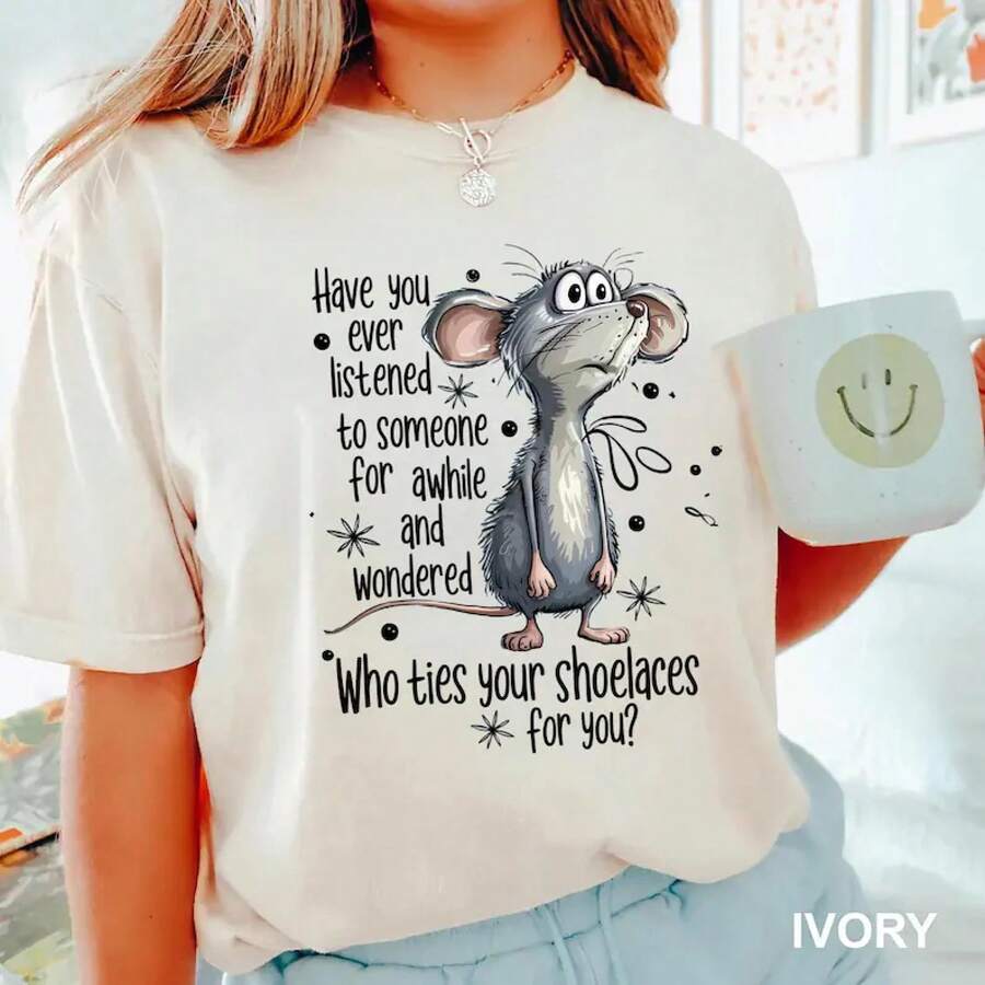 1 Piece, Vintage T-Shirt With Humorous Mouse Quote, Breathable Cotton, Loose Fit, Suitable For Couples, Sizes S-3XL, Unisex, Urban Fashion, Summer Casual, Elegant Style For Women, Cotton Crew Neck T-Shirt, For Everyday Wear. | Perfect Holiday Gift | 100% Cotton Fabric | Soft And Comfortable | Crew Neck T-Shirt | - 杏色 - 查看 1
