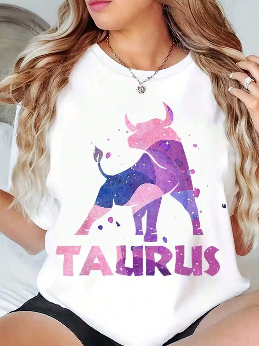Casual Wear Unisex T-Shirt With Taurus Zodiac Graphic Print, Bull And Galaxy, Round Neck, For Men And Women, Everyday Casual Wear, Seasonal Fashion, Gift For Family And Friends, Bohemian T-Shirt, Blouses For Women>Shirt - 白色 - 查看 1