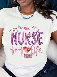 Casual Short-Sleeved T-Shirt With A Graphic Nurse Print Featuring A Syringe, Medicine Bottle, And Cap. Suitable For Nurses And Healthcare Workers. Comfortable Fabric, Perfect As A Gift. Bohemian Style T-Shirt, Women's Blouses - 白色 - 查看 1