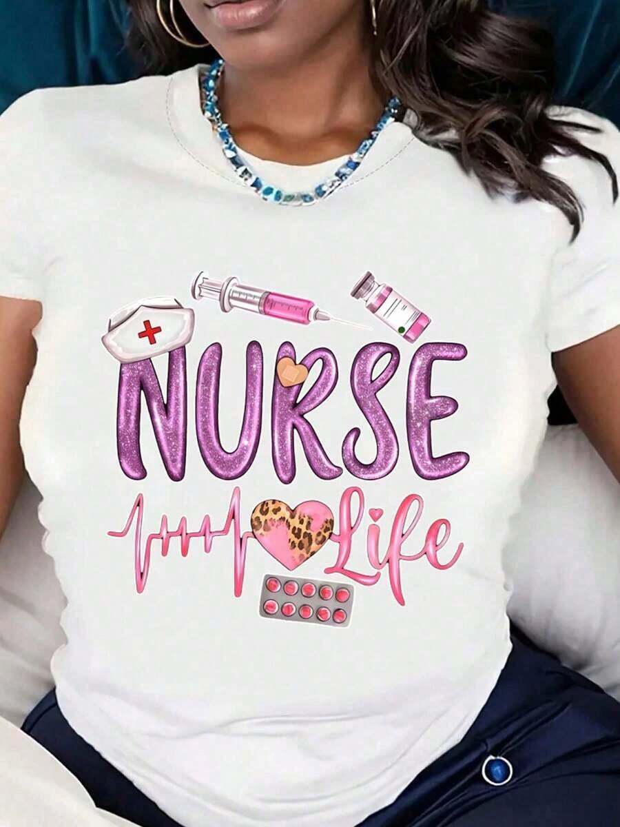 Casual Short-Sleeved T-Shirt With A Graphic Nurse Print Featuring A Syringe, Medicine Bottle, And Cap. Suitable For Nurses And Healthcare Workers. Comfortable Fabric, Perfect As A Gift. Bohemian Style T-Shirt, Women's Blouses - 白色 - 查看 1