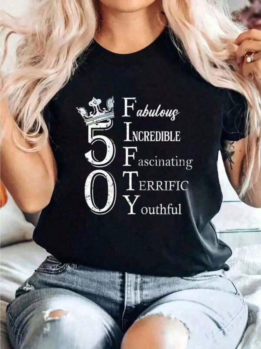 Cotton Graphic T-Shirt, Plus Size, Fabulous 50th Birthday T-Shirt, 50 Years, Birthday Queen, Y2K, Men's Oversized T-Shirt, Summer Tops Y2Y - Women's Clothing - 黑色 - 查看 1