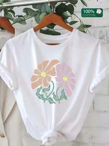 Soft 100% Cotton T-Shirt, 100% Pure Cotton, New Summer Style, 1 Piece, Women's Abstract Print Cotton T-Shirt, Lightweight, Breathable, Casual And  Style, Crew Neck, Pure Cotton T-Shirt For Women. | Casual Short-Sleeve Crew Neck T-Shirt | Abstract Floral Print | Ribbed Detail | Comfortable Fit For All Seasons | Machine Washable And Dry Cleanable | Multifunctional Casual Print Sweatshirt - Short-Sleeve T-Shirt For Everyday Summer Wear. Machine Washable. A Gift For Family, Siblings, Friends, Parents, Or Teachers. Breathable Cotton T-Shirt, Goes With Everything. - 白色 - 查看 3