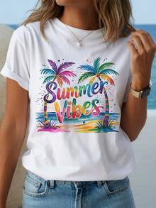 Plus-Size Pure Cotton T-Shirt With Tropical Palm Tree Print And Summer Vibe - Lightweight Short-Sleeved Beach Shirt With A Round Neck, Featuring Light Pink/Purple/Blue/Yellow/Orange/Green Prints - Essential Spring/Summer Casual Wear For Vacations, An Ideal Gift For Women - Comfortable And Breathable Fabric, Hand Wash Or Dry Clean, Vibrant Y2K Style Suitable For Beach Trips And Everyday Wear. UGFK - 白色 - 查看 7