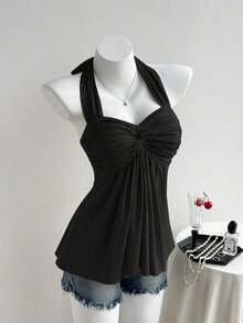 Top de tirantes con estampado de lunares marrones y detalle de nudo en la espalda para mujer, adecuado para verano, vacaciones de primavera, ceremonia de graduación, fiesta de boda, vacaciones elegantes, playa casual, estilo Y2K lindo y sexy y - Negro 3 - Ver 3