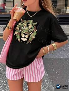 Una camiseta de manga corta para mujer, de estilo retro y moderno, adecuada para actividades al aire libre en primavera y verano, camiseta de mujer de 180g con estilo y personalidad y2k, top de manga corta de corte holgado, elegancia urbana, casual y transpirable para el día a día, estampado creativo de camuflaje de león, ropa de verano, regalo para deportes al aire libre.blusas para mujer,blusas casuales para dama,tops,, mujer premium,y2k,playeras de mujer curvy,ofertas y liquidaciones ropa mujer,playeras deportivas para mujer,,playeras de hombre, mujer,blusas>elegante JTFX - Negro - Ver 8