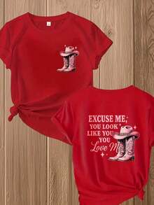 Women's Double-Sided Cotton T-Shirt With Colorful Print, Western Style, Featuring Cowboy Boots And Hat, Funny Slogan Tee, Perfect For Country Music Fans,  Casual Top For Summer, New Arrival. - 紅色 - 查看 7