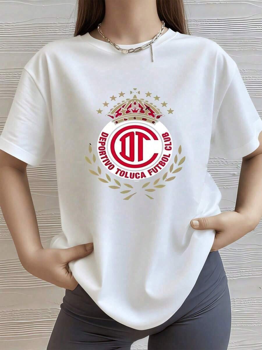 NewSummerCasualEscudo con corona y estrellas que simboliza orgullo deportivo pasión y unión del equipo Deportivo Toluca camiseta de mujer 100% algodón suave y cómoda para uso diario-Vintage Street Style Unisex Loose Cotton Short Sleeve Crew Neck T-Shirt - Blanco - Ver 1
