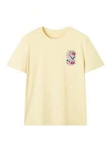 Camiseta de manga corta beige con cuello redondo, estampado floral y de letras, estilo casual, holgada y versátil para mujer, ideal para el verano y el uso diario, color blanco. - Amarillo - Ver 3