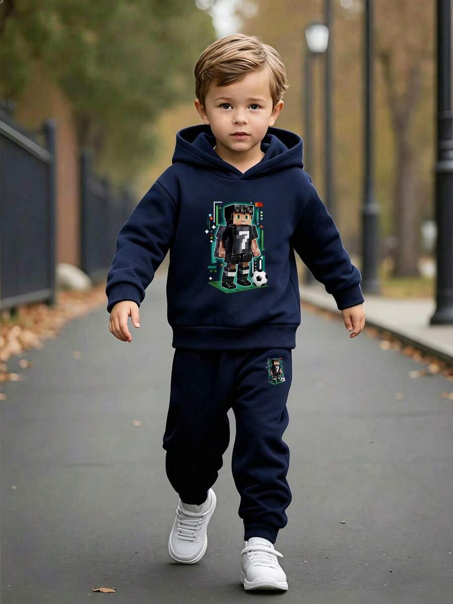 Youth Boy Letter Print Warm Hoodie And Sweatpants Set - Royal Blue - View 1