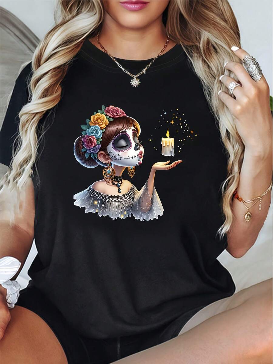 Women's T-Shirt, New 2026 Model For Women And Unisex, Loose Fit | Cute Y2K Style Pumpkin Print With Mexican-Inspired Candy Skull Design - Loose Fit Short Sleeve Black T-Shirt, Suitable For Halloween, Christmas, And Day Of The Dead. Women's T-Shirts. - 黑色 - 查看 1