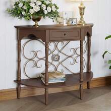 HLR Half Moon Console Table For Entryway, Minimal Assembly, Vintage Wood Accent Table With Drawer And Floral Wrought Iron, Entryway Table With Shelf For Living Room, Foyer, Hallway - 棕色 - 查看 2