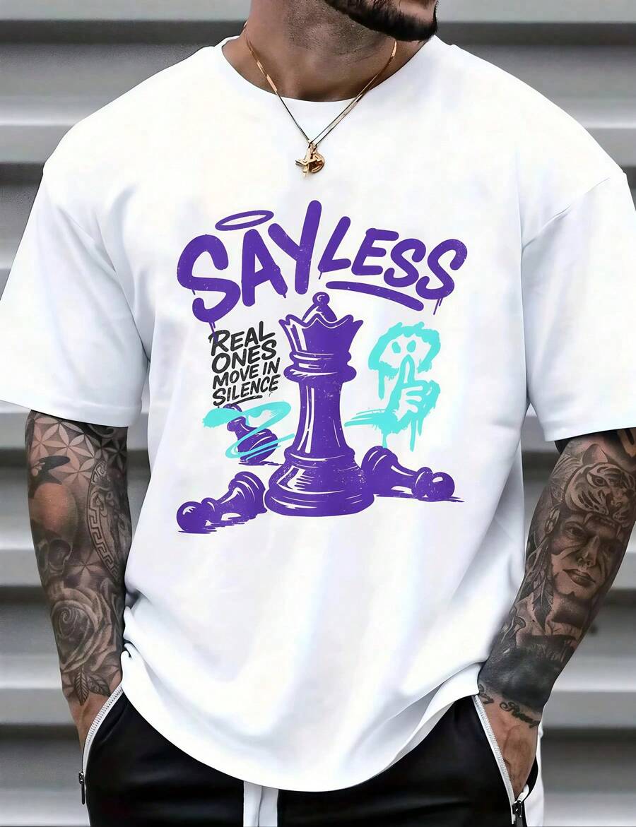 1pc Man's Chess King Graffiti Print White TShirt, Crew Neck, Casual Cotton Tee, Medium Stretch Knit Fabric, Regular Fit For Boys & Man, Perfect For Spring/Summer/Fall - 白色 - 查看 1