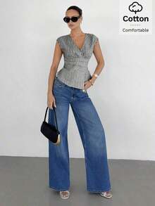 Blusa de mujer de cuello en V a rayas, versátil para uso diario, atuendos casuales de mujer, atuendos de verano de mujer, blusas casuales para mujer, blusas de mujer para el verano, blusa de cuello en V a rayas - Blanco y Negro - Ver 3