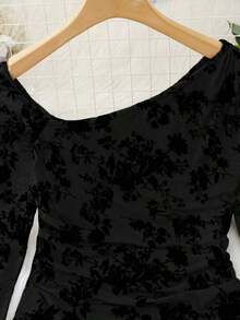 Body de manga larga con hombros transparentes y estampado de leopardo para mujer - Negro - Ver 7